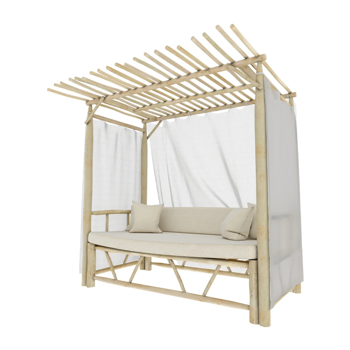 Lit à baldaquin d'extérieur en branche de teck et toile - Tika