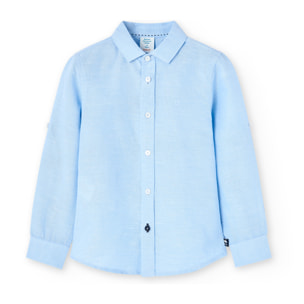 Camisa de lino niÃ±o, cuello camisero, manga larga, azul