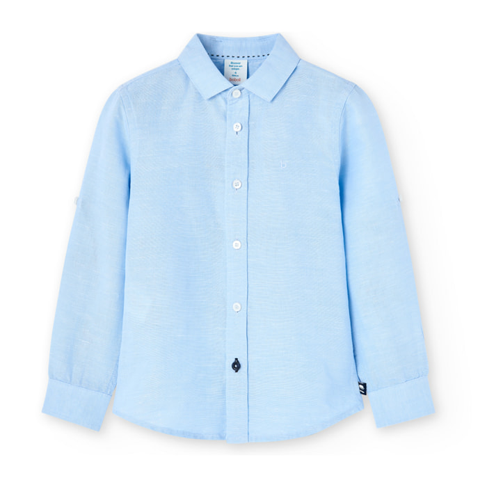 Camisa de lino niÃ±o, cuello camisero, manga larga, azul