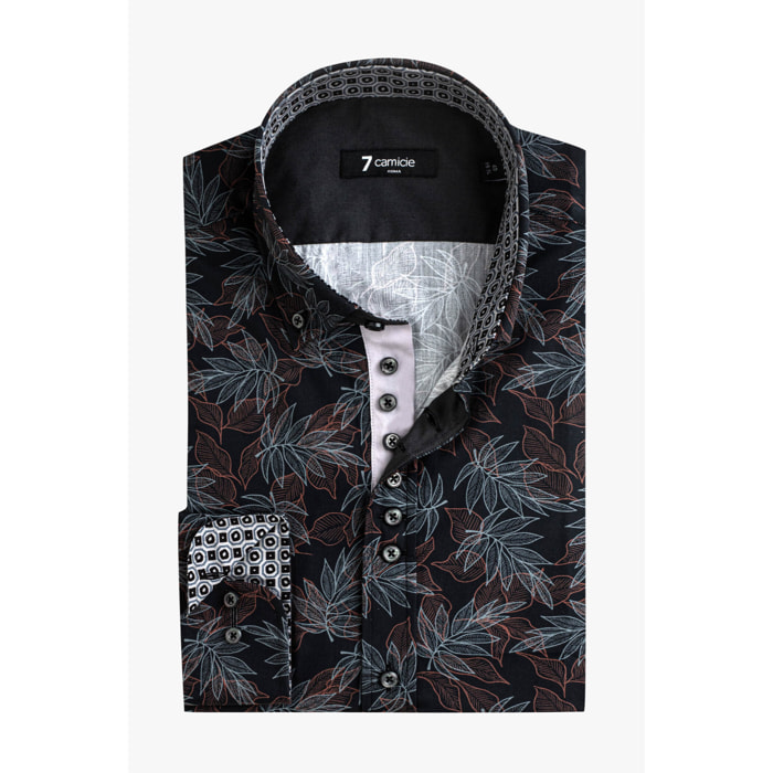 Camicia Uomo 1 Bottoni Button Down Slim Popeline Fantasia Verde Scuro e Mattone