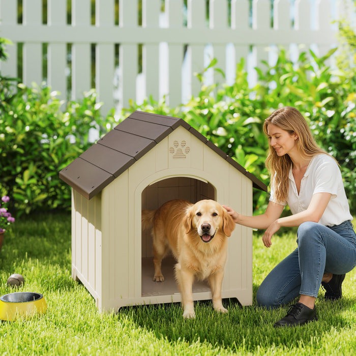 Caseta para Perros Exterior, Casa para Perros Grandes de Plástico Impermeable con 2 Ventanas, Base Elevada, Estacas, Fácil de Montar, 88x79x89 cm, Beige