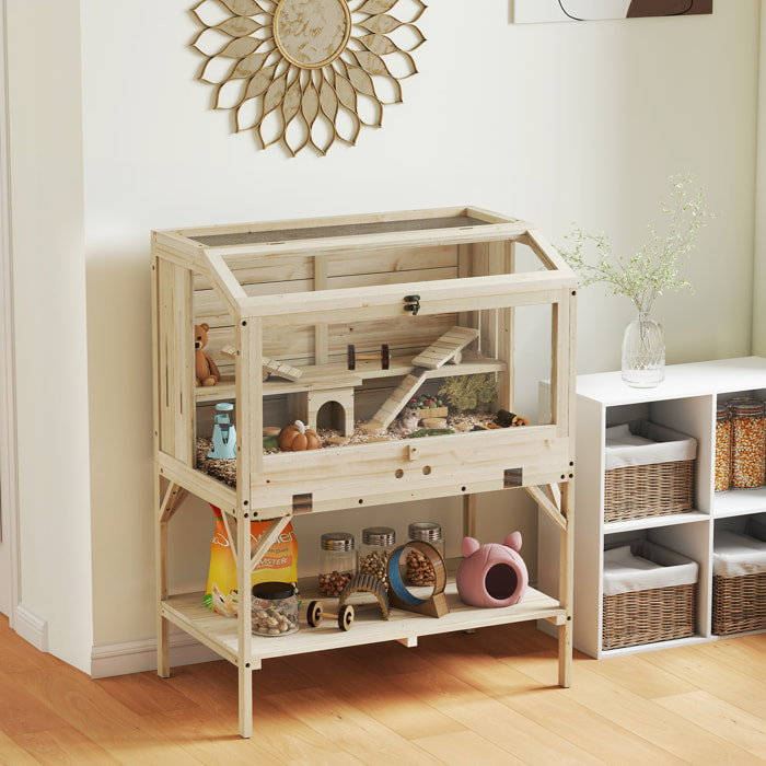 Cage hamster rongeur en bois - 2 niveaux - étagère - accessoires - 84 x 53 x 110 cm