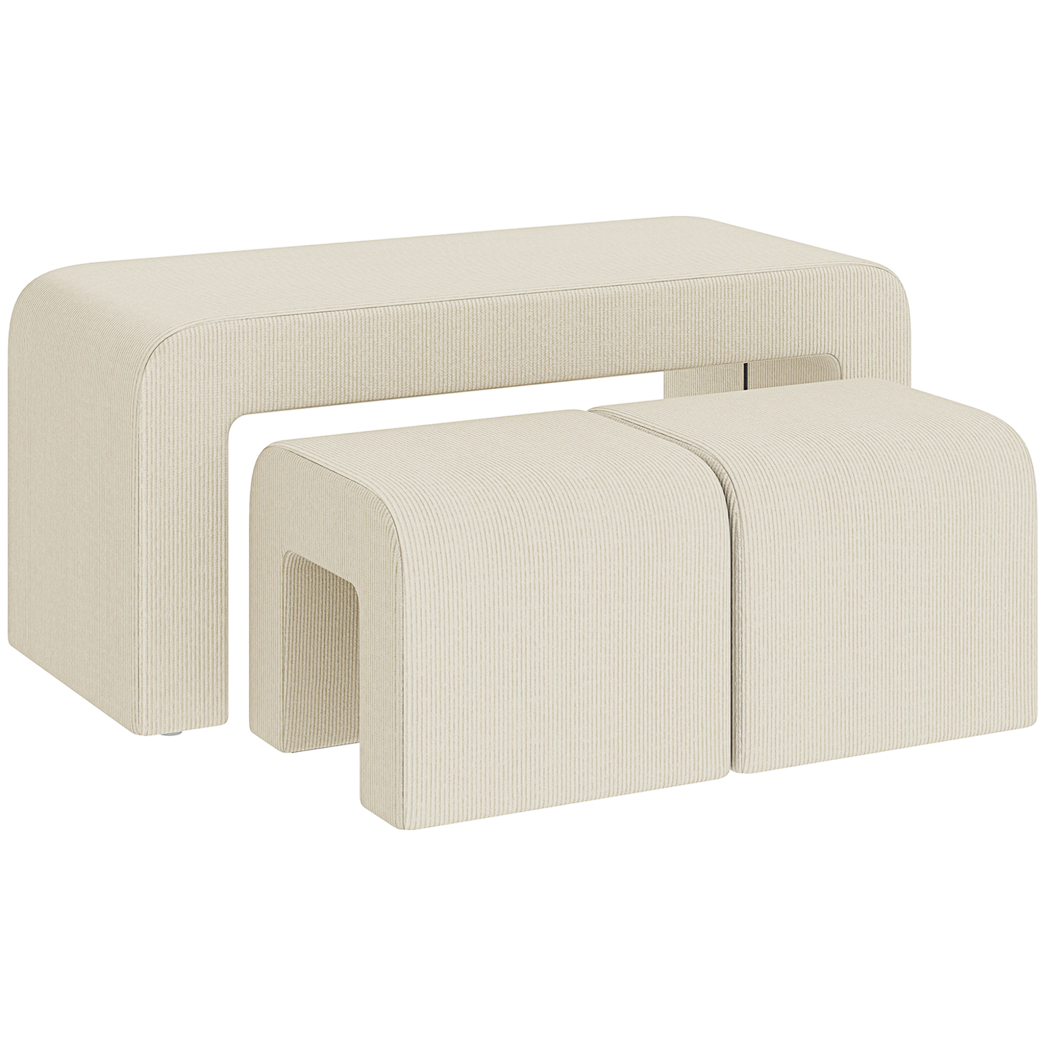 Juego de 3 Bancos Zapateros, Grande y 2 Pequeños, Bancos Recibidores Modernos de Pana, Diseño Compacto, Mesa Auxiliar para Salón, Entrada, Pasillo, Dormitorio, 104x44x48 cm, Crema
