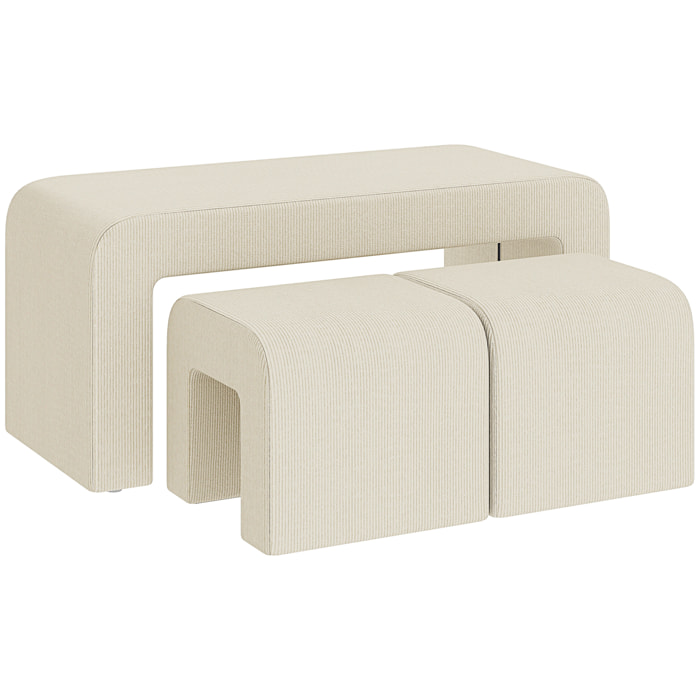 Juego de 3 Bancos Zapateros, Grande y 2 Pequeños, Bancos Recibidores Modernos de Pana, Diseño Compacto, Mesa Auxiliar para Salón, Entrada, Pasillo, Dormitorio, 104x44x48 cm, Crema