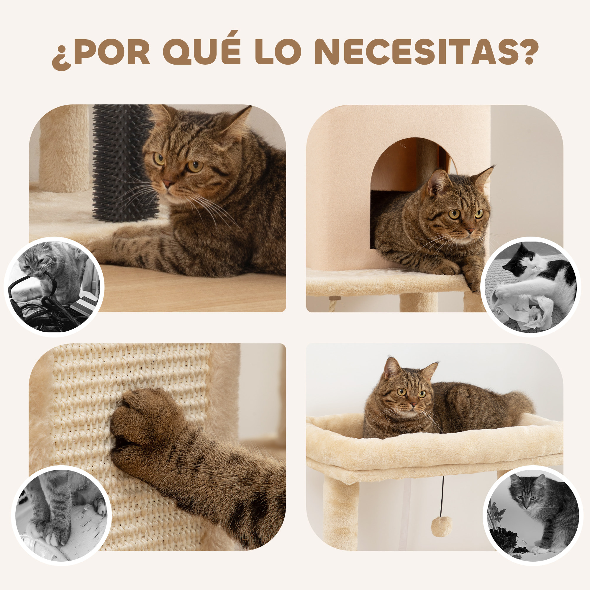 Árbol Rascador para Gatos Grande Altura 132 cm Árbol para Gatos Torre para Gatos con Plataformas Poste con Cepillo Bolas Colgantes y Almohadilla para Rascar Beige