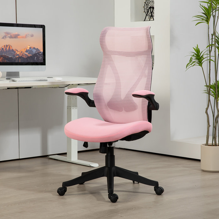 Silla de Escritorio Ergonómica de Malla Silla de Oficina Giratoria con Altura Ajustable Reposabrazos Abatibles y Función de Basculante Silla para Estudio Carga 120 kg Rosa