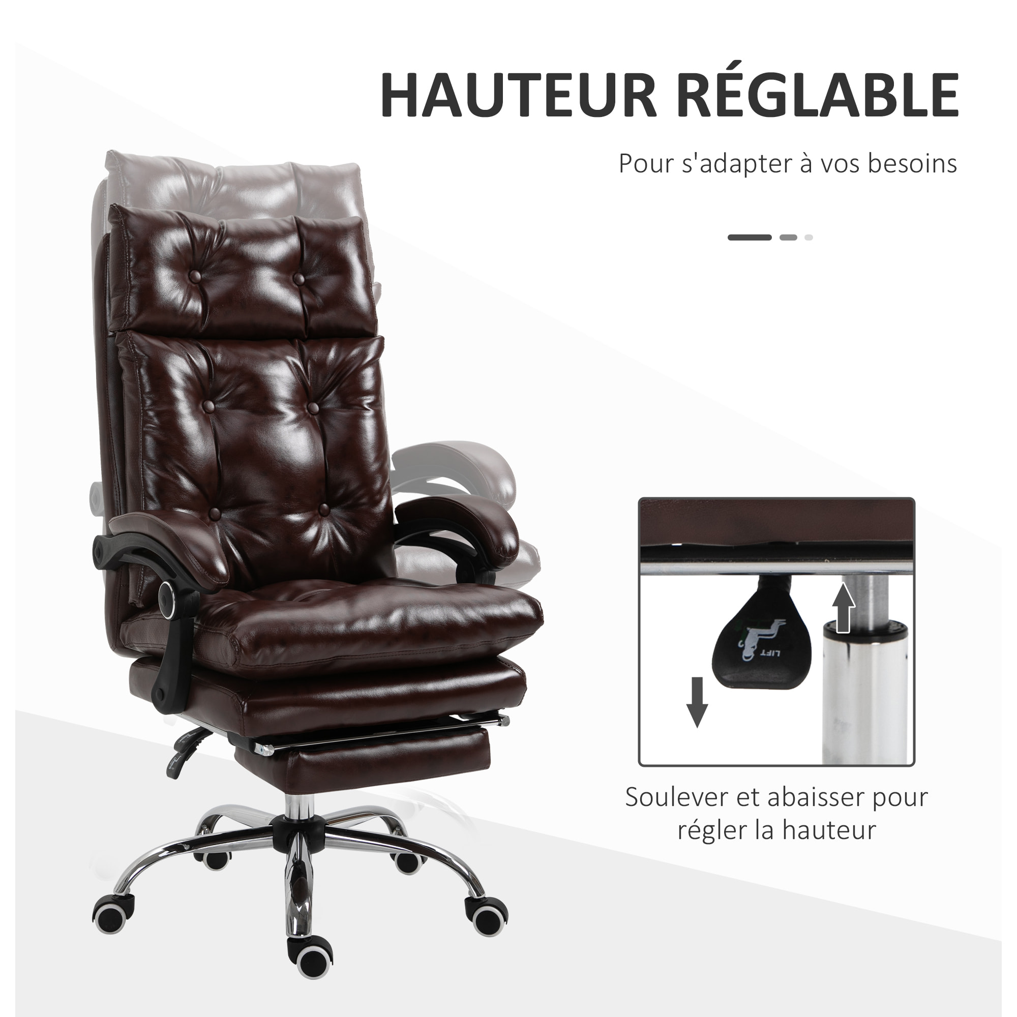 Vinsetto Fauteuil de bureau, chaise de bureau ergonomique avec hauteur réglable, dossier inclinable et repose-pied rétractable et pivotant à 360°, cuir synthétique, pour chambre, télétravail, marron