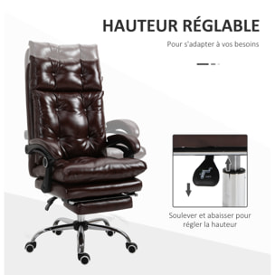 Vinsetto Fauteuil de bureau, chaise de bureau ergonomique avec hauteur réglable, dossier inclinable et repose-pied rétractable et pivotant à 360°, cuir synthétique, pour chambre, télétravail, marron