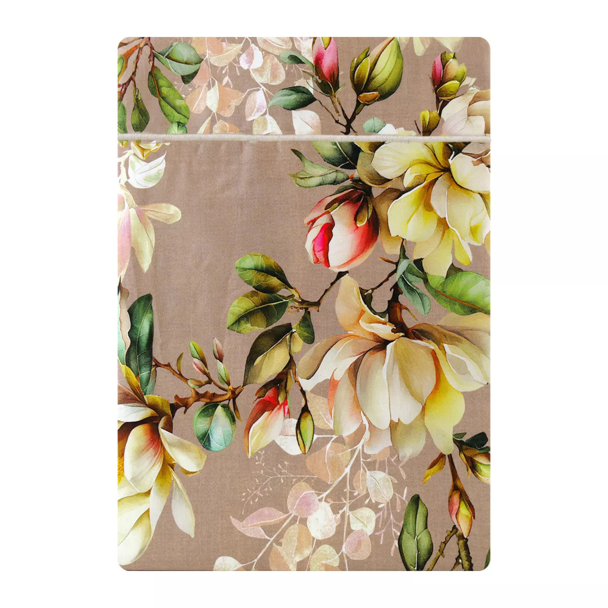 Drap plat satin de coton imprimé rose Magnolias rose fume