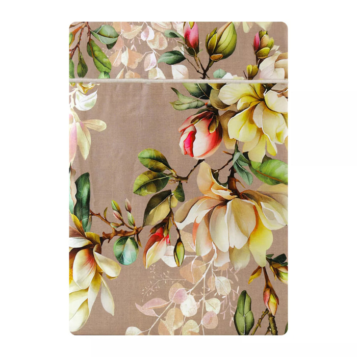 Drap plat satin de coton imprimé rose Magnolias rose fume
