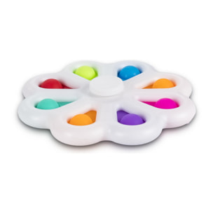 Esclusivo Bubble Pop It e Spinner, giocattolo sensoriale antistress, bolle di silicone da spremere e premere. Design floreale con petali interattivi e spinner centrale.