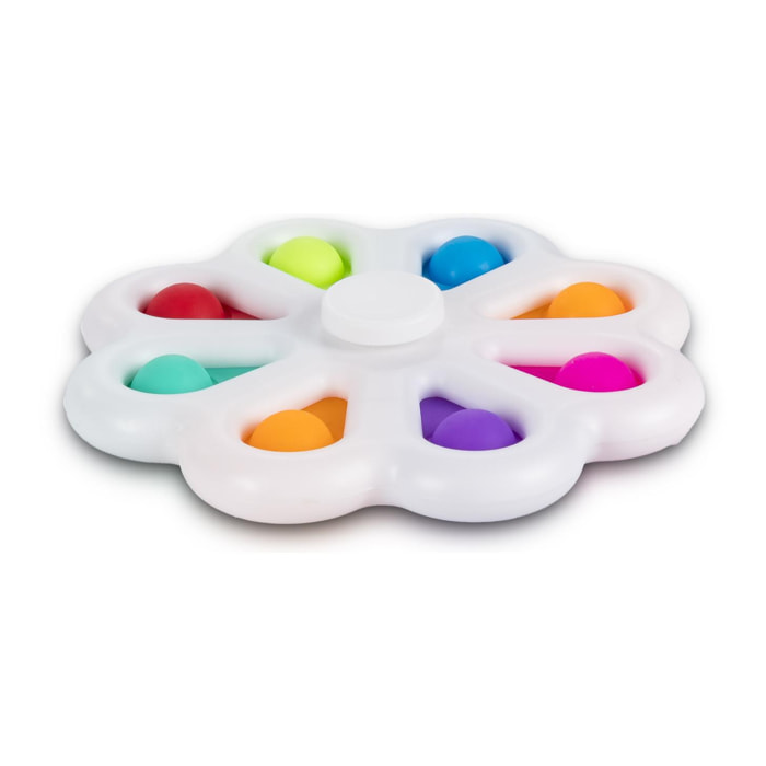 Esclusivo Bubble Pop It e Spinner, giocattolo sensoriale antistress, bolle di silicone da spremere e premere. Design floreale con petali interattivi e spinner centrale.