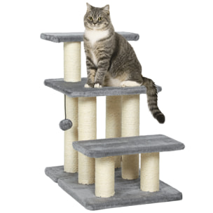 Escalera para Gatos de 3 Peldaños, Escalera para Mascotas, Estructura Ajustable, con Postes Rascadores, Bola Colgante, Carga 10 kg, para Cama, Sofá, 52x34,5x54 cm, Gris