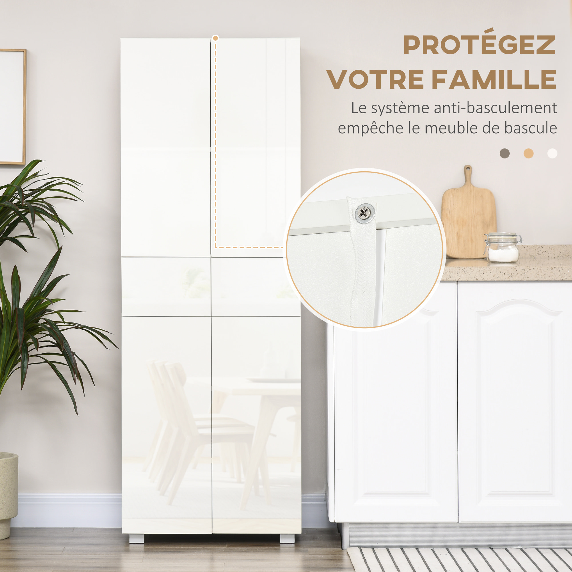 Buffet haut de cuisine blanc laqué style contemporain - 4 portes, 3 étagères réglables, 2 tiroirs