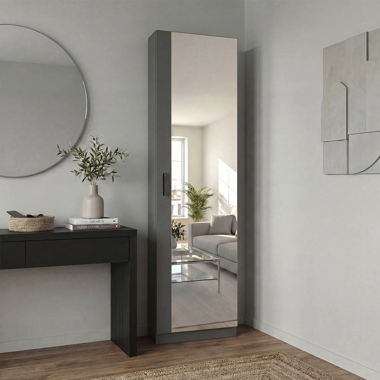 Zapatero alto de 1 puerta con espejo en gris grafito 180x50 cm Roma Gris Grafito