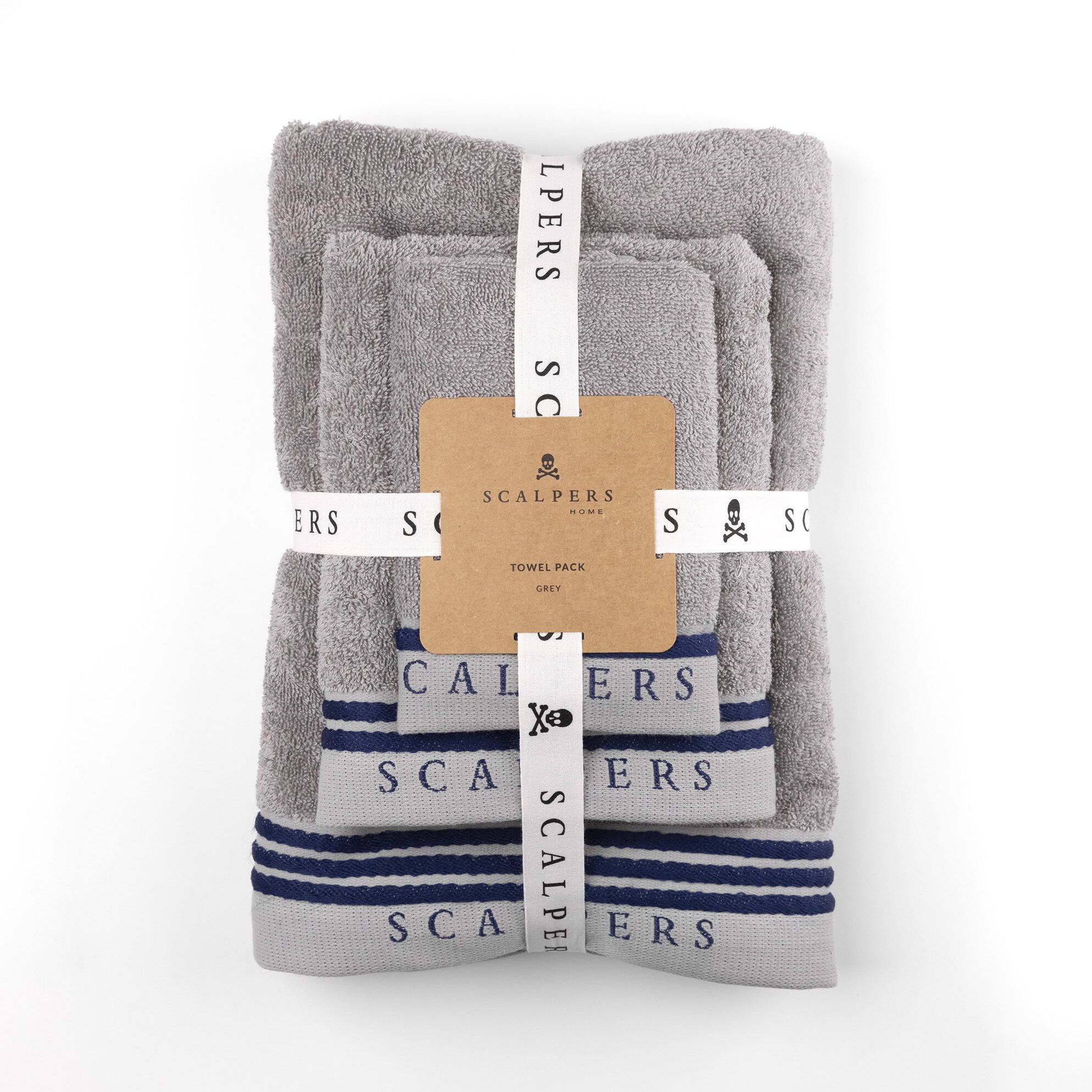Set toallas baño (tocador 30x50cm + manos 50x90cm + baño 70x140cm) 450gsm en algodón gris con azul scalpers home