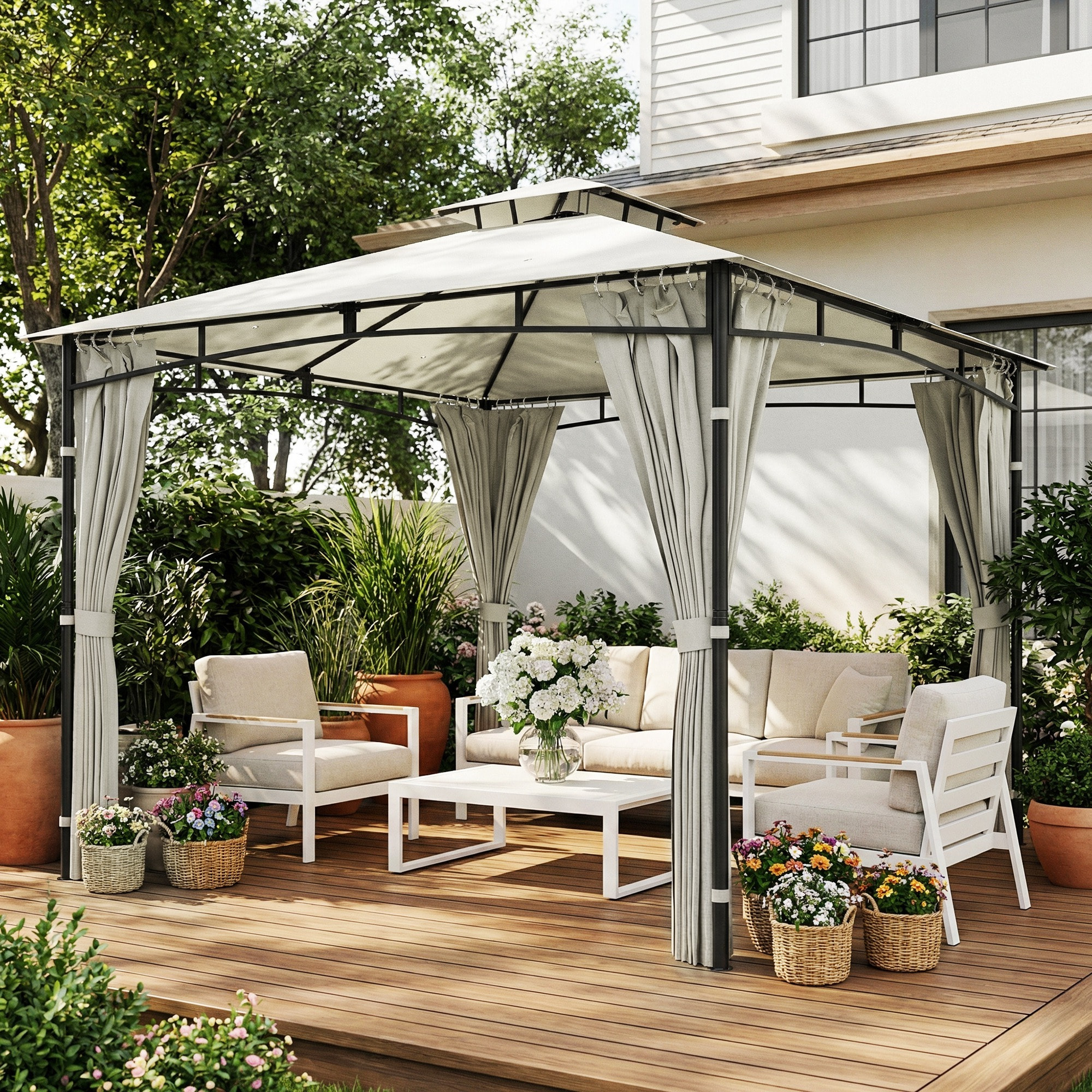 Tonnelle de jardin 3 x 3 m toit double métal polyester crème