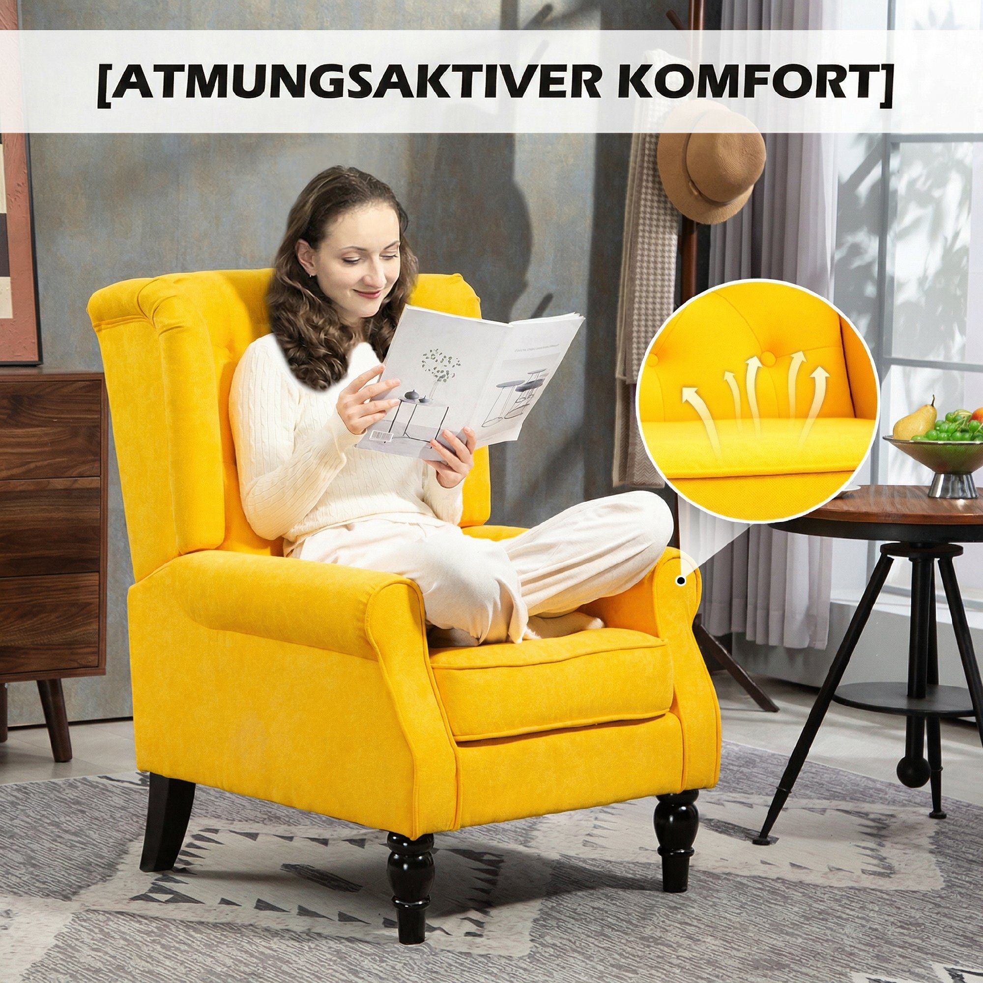 Sillón Orejero Moderno, Butaca de Salón con Reposabrazos y Patas de Madera, Sofá Individual Carga 160 kg para Oficina, Sala de Estar y Dormitorio, Amarillo