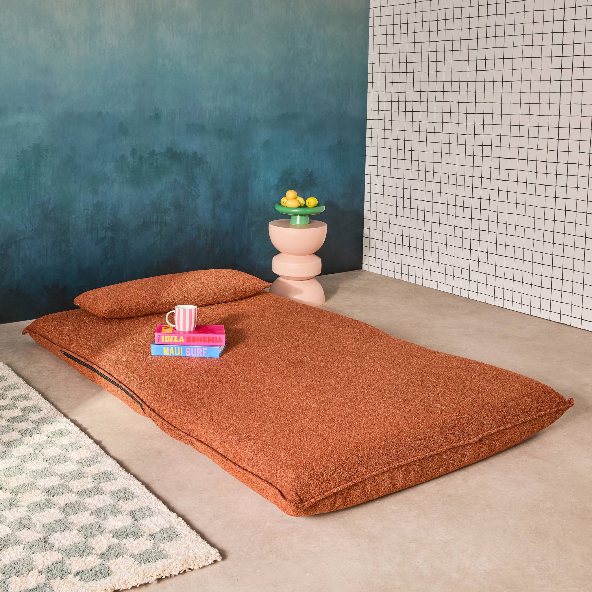 Chauffeuse convertible 2 places en bouclette texturée terracotta L 120 x P 80 x  H 66 cm - Fleeep