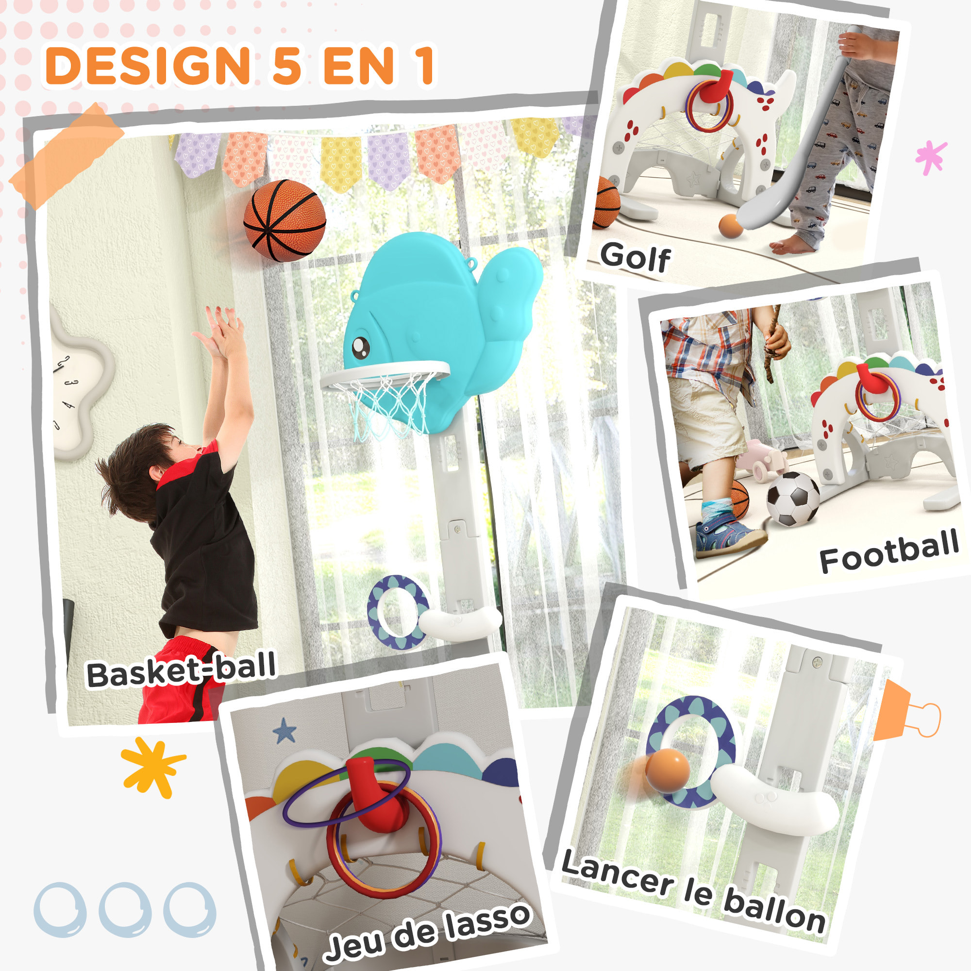 Panier de basketball enfant but de foot jeu de golf lancer d'anneaux et balle 5 en 1 HDPE bleu blanc gris