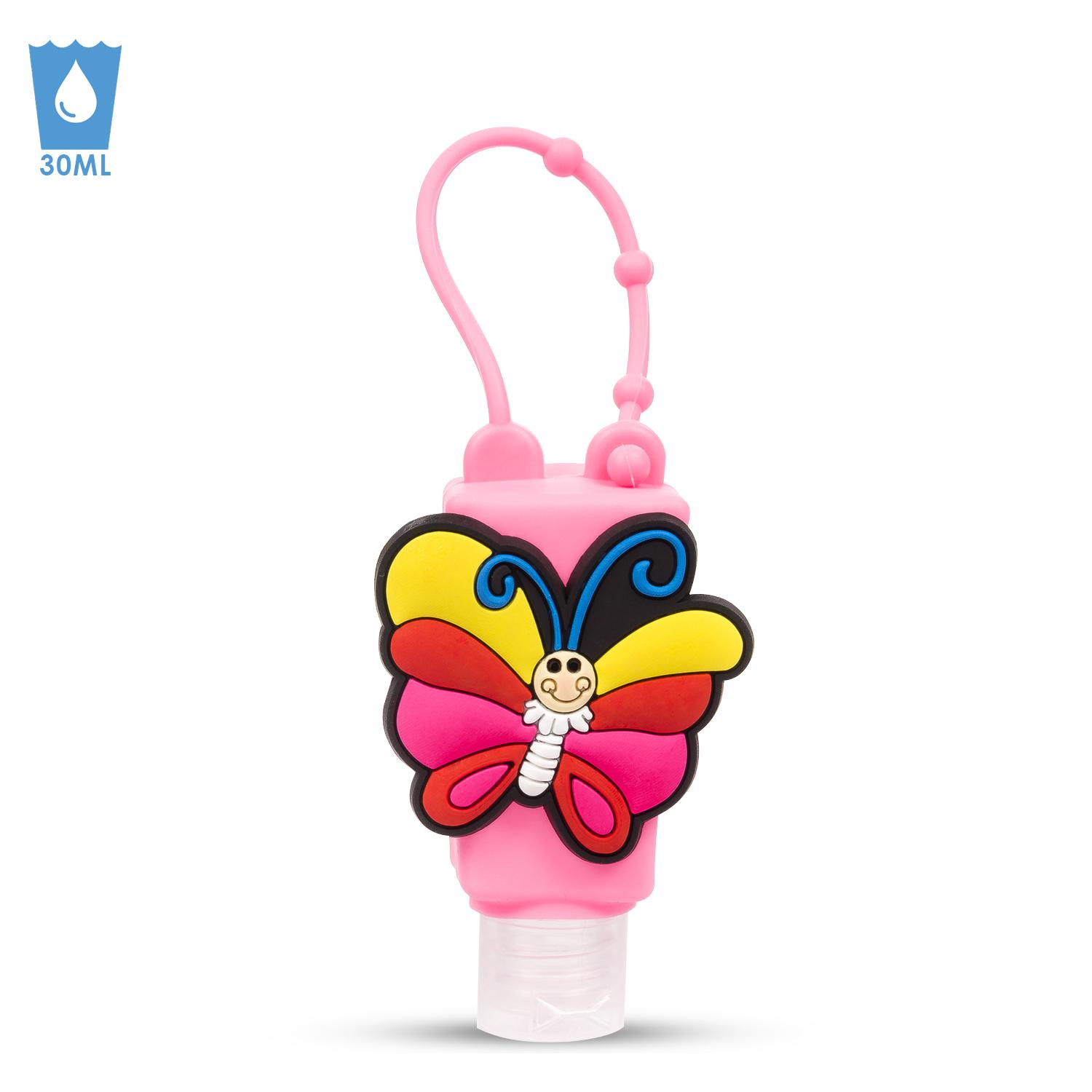 Llavero Botella higienizante de manos alcohol rellenable 30ml. Diseño mariposa.