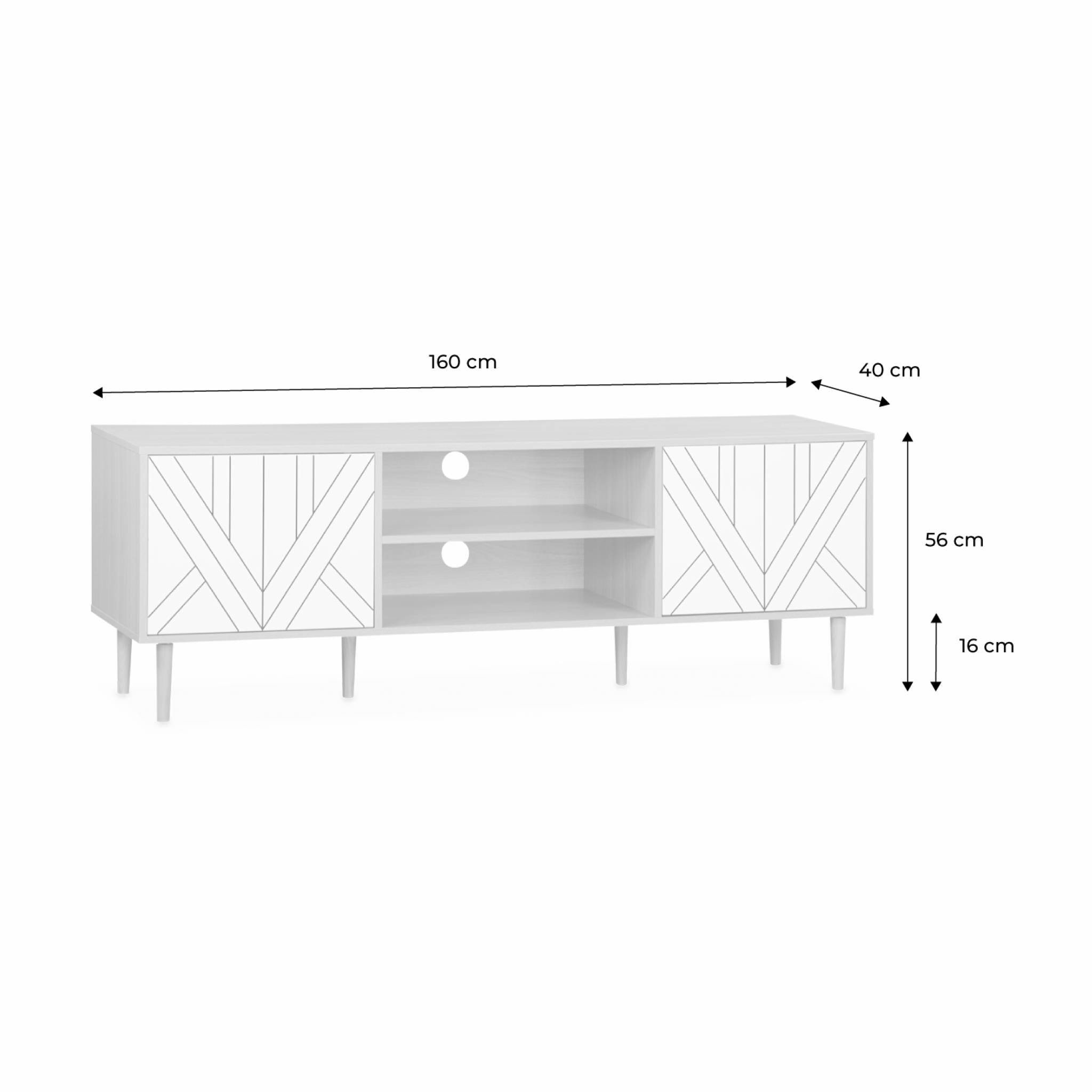 Meuble TV décor bois & blanc - Mika - 2 niveaux. 3 étagères. 2 portes. L 160 x l 40 x H 56cm