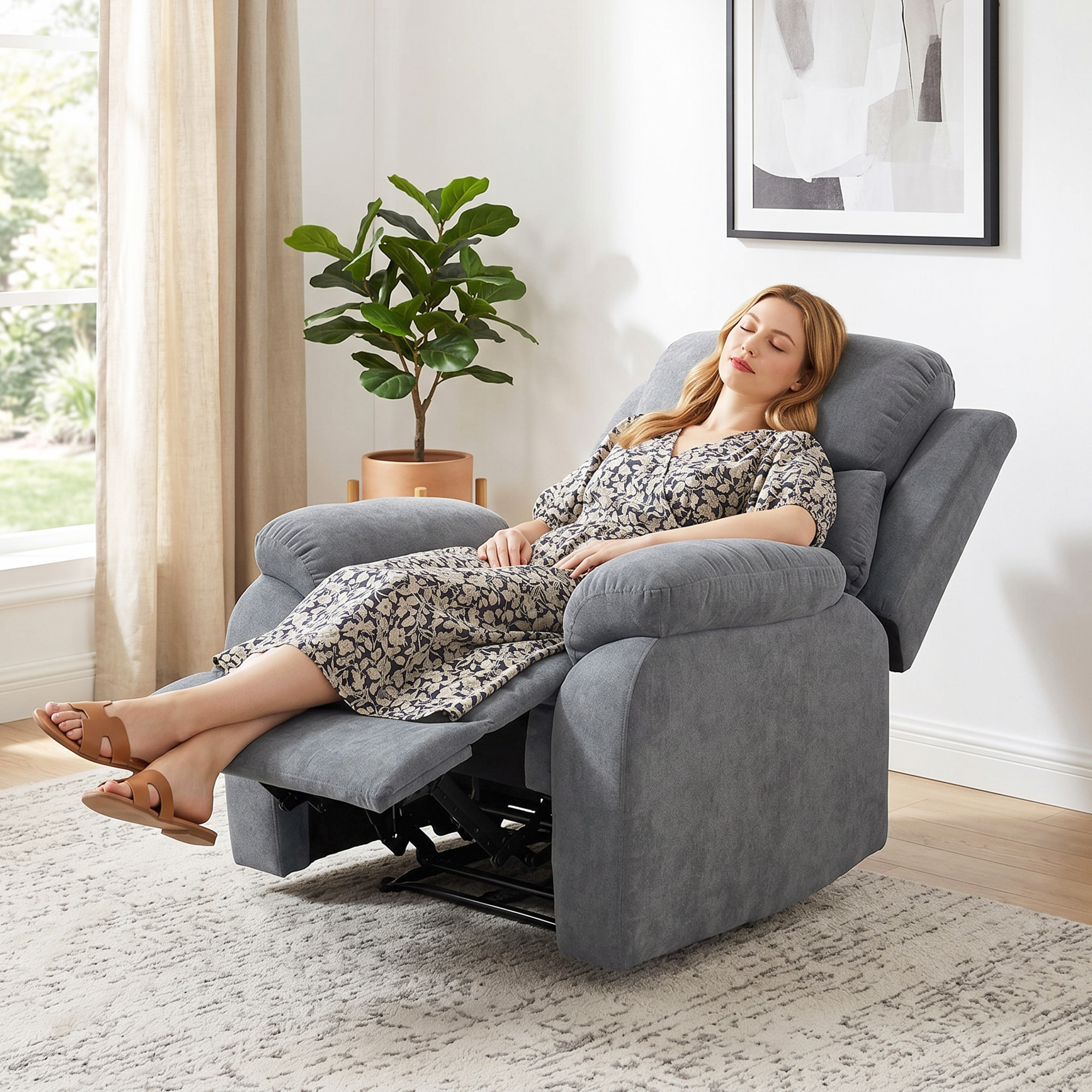 Sillón Relax Reclinable Manual, Sillón Relax Moderno, Tapizado en Tela Aspecto Lino, Reposapiés, Reposabrazos, Acolchado Grueso, Butaca Reclinable hasta 150°, Carga 120 kg, para Salón, Girs
