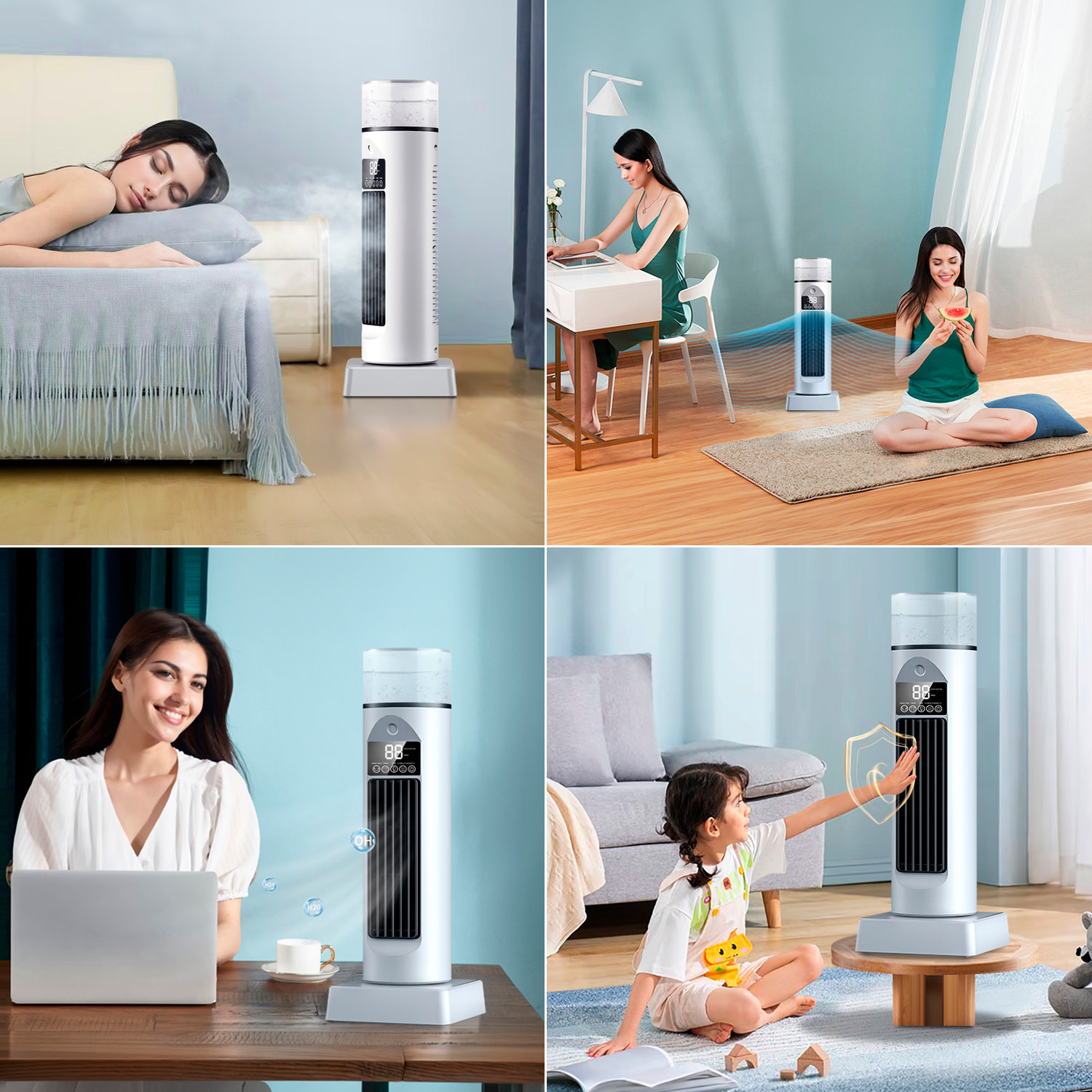 Ventilatore da tavolo senza pale BYM-907S. Con funzione di nebulizzazione, 6 velocità e timer fino a 6 ore. Serbatoio da 100 ml e luce ambientale a 7 colori. Include telecomando.
