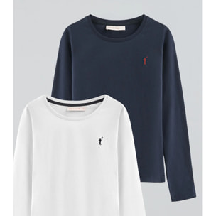 Pack donna con due magliette in blu marino e bianco a maniche lunghe con logo ricamato Rigby Go.