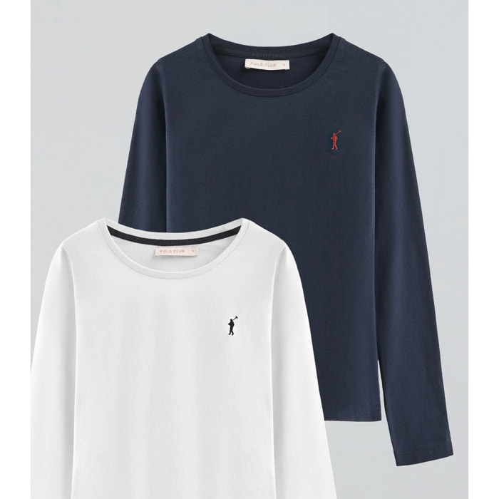 Pack donna con due magliette in blu marino e bianco a maniche lunghe con logo ricamato Rigby Go.