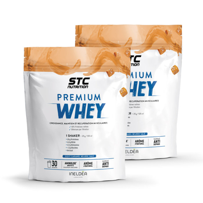 STC NUTRITION - Premium Whey - 80% de protéines natives de lactosérum - Croissance, maintien et réparation musculaires - Digestion facile - Doypack 750g -  Caramel Beurre Salée - Lot de 2