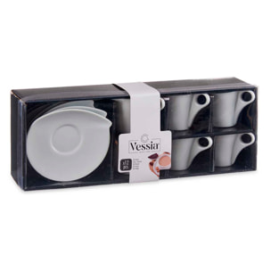 Set de 6 tazas y platos de porcelana blanca con 120 ml de capacidad.