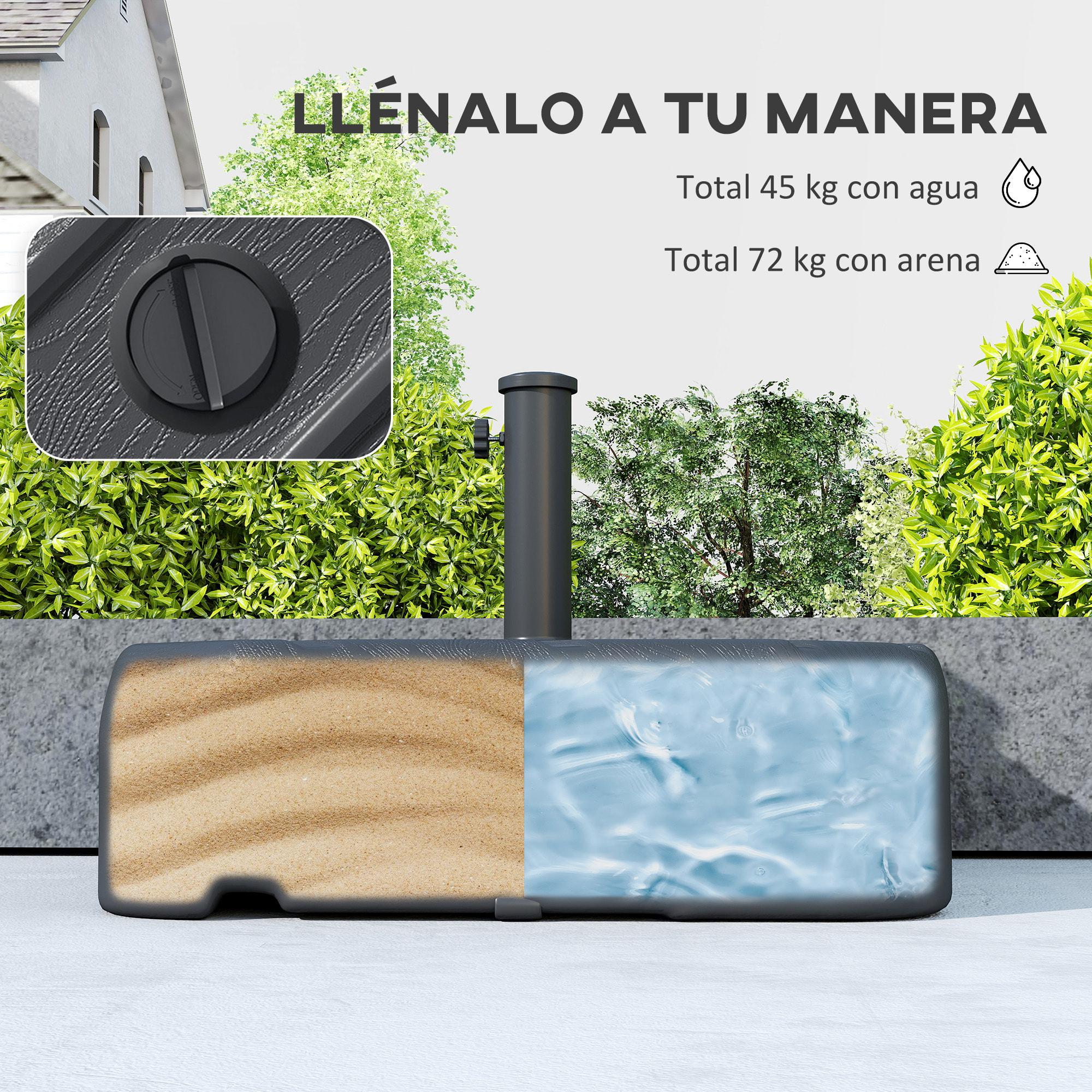 Base para Sombrilla con Ruedas, Soporte de Parasol de HDPE, Pie para Sombrilla con Postes Ø38 mm, Ø48 mm, Rellenable de Arena 72 kg o Agua 45 Litros, con Asa Telescópica, para Jardín, Negro