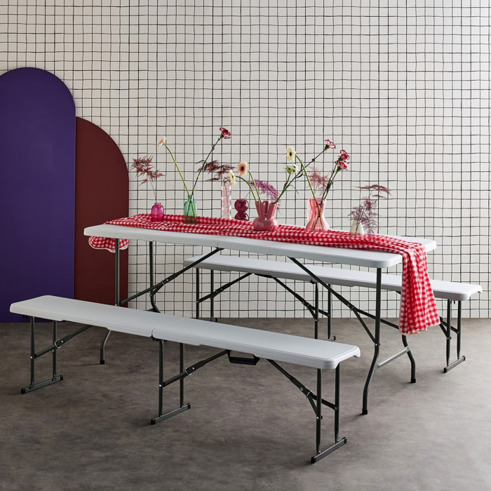 Set de table et bancs de réception. 180cm. pliables. avec poignée de transport. plastique blanc. table de camping
