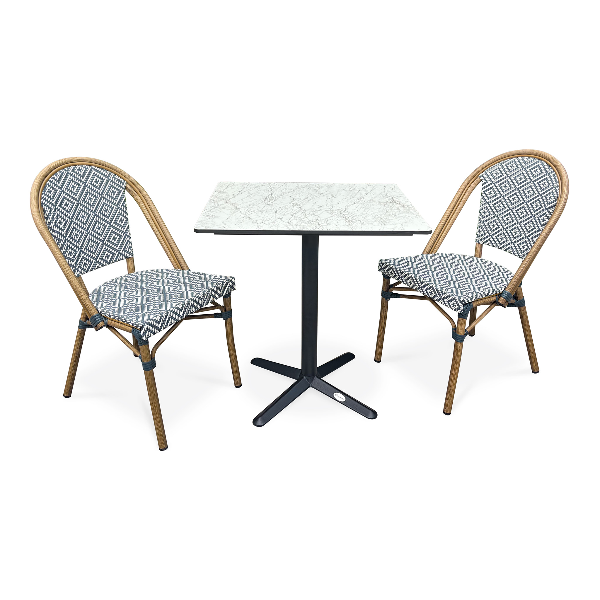 BISTRO - Ensemble repas de jardin 2 places en acier et plateau en HPL - bleu