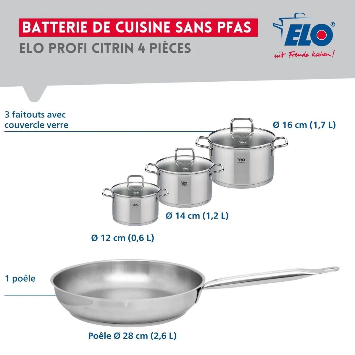 Ensemble de 1 Poêle de cuisson 28 cm et 3 faitouts 12, 14 et 16 cm Elo Profi Citrin