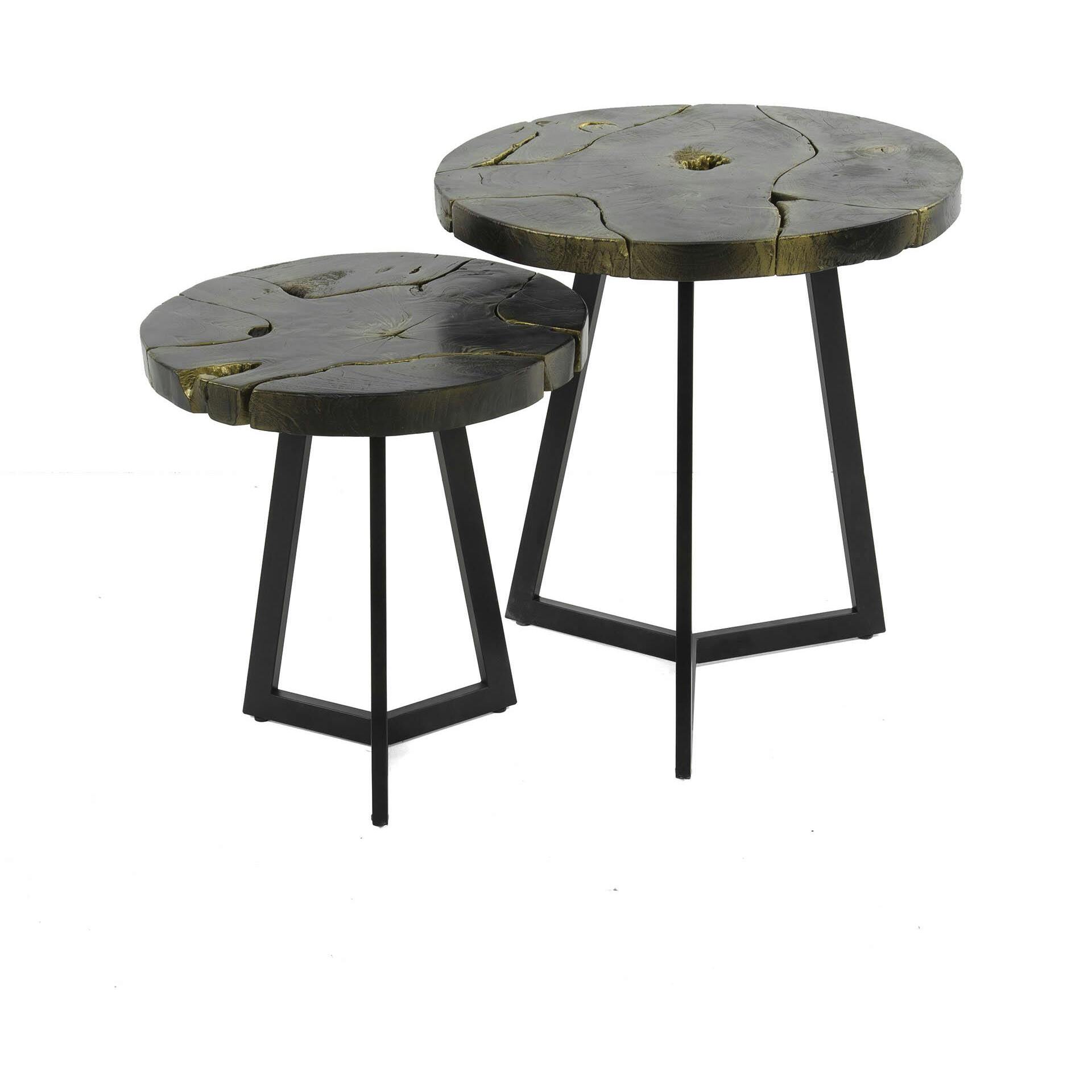 Table gigogne ronde en teck recyclé noir et or (2 pièces) NOVA