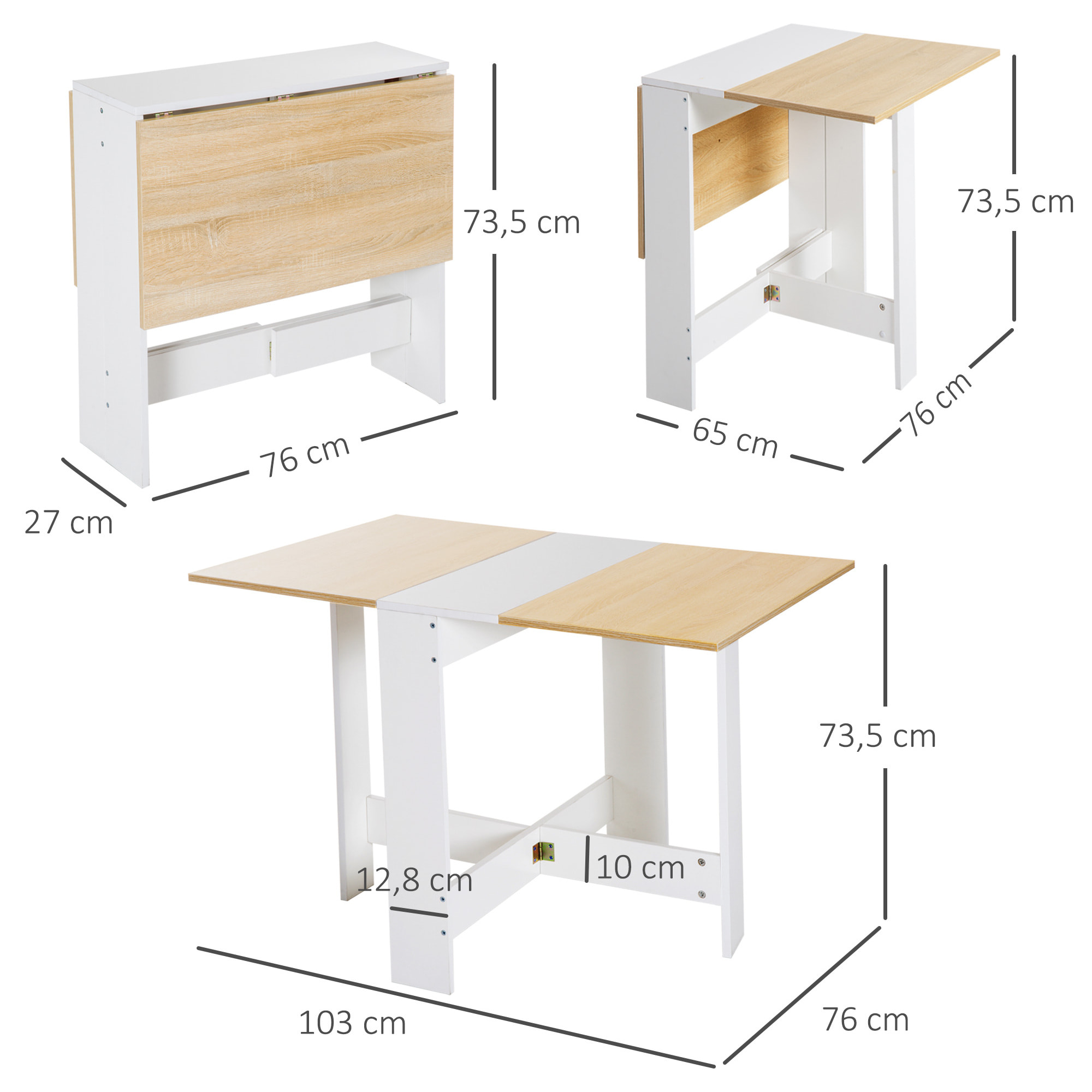 HOMCOM Table de cuisine pliable 103L x 76l x 74H cm panneaux particules bicolore chêne blanc