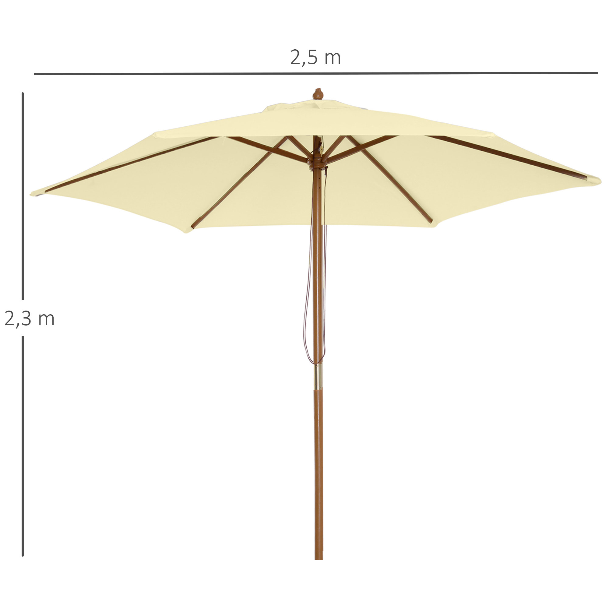 Outsunny Parasol droit hexagonal grande taille de jardin Ø 2,5 x 2,3H m bois de bambou crème