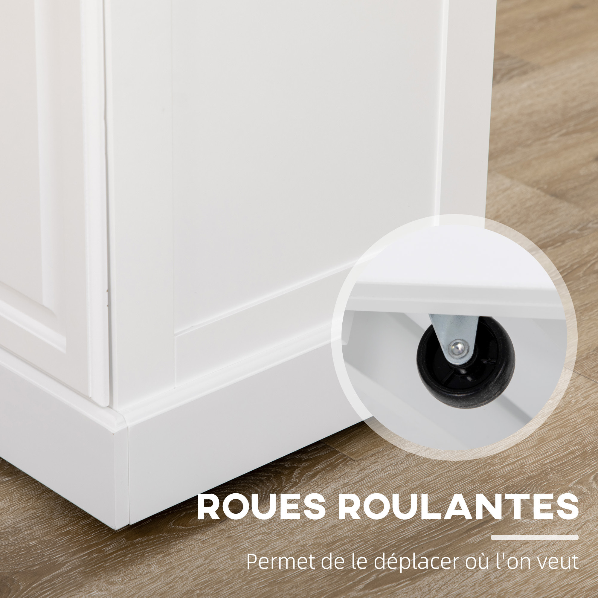 Îlot de cuisine desserte à roulettes - 2 tiroirs, 3 portes, porte-serviette, porte-épices - dim. 110L x 45l x 91H cm - blanc bois