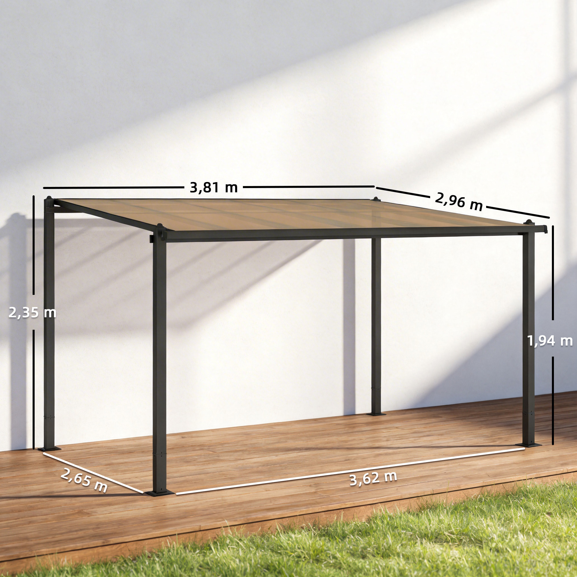 Pergola adossée alu polycarbonate 3,8 x 3 m gouttières intégrées