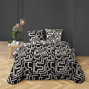 Parure de lit 3 pièces 100% coton à motifs géométriques housse + taies - Noir