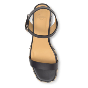 Sandalia Voramar tacón forrado en napa con cierre de hebilla y plataforma en rafia