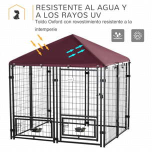 Perrera de 8 Paneles Parque para Perros Metálica de Exterior con 2 Soportes Giratorios para Comida 2 Cuencos y Toldo de Impermeable y Anti-UV 141x141x153 cm Negro y Rojo