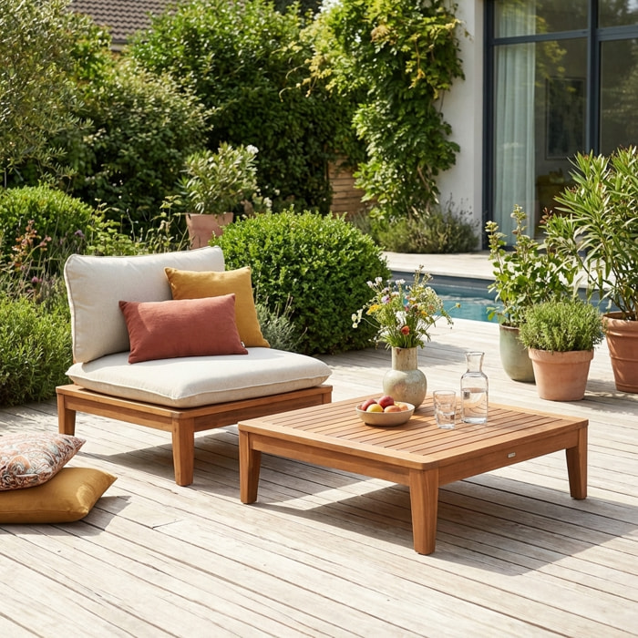 Fauteuil de jardin avec table basse bois d'acacia et effet bouclette YONA