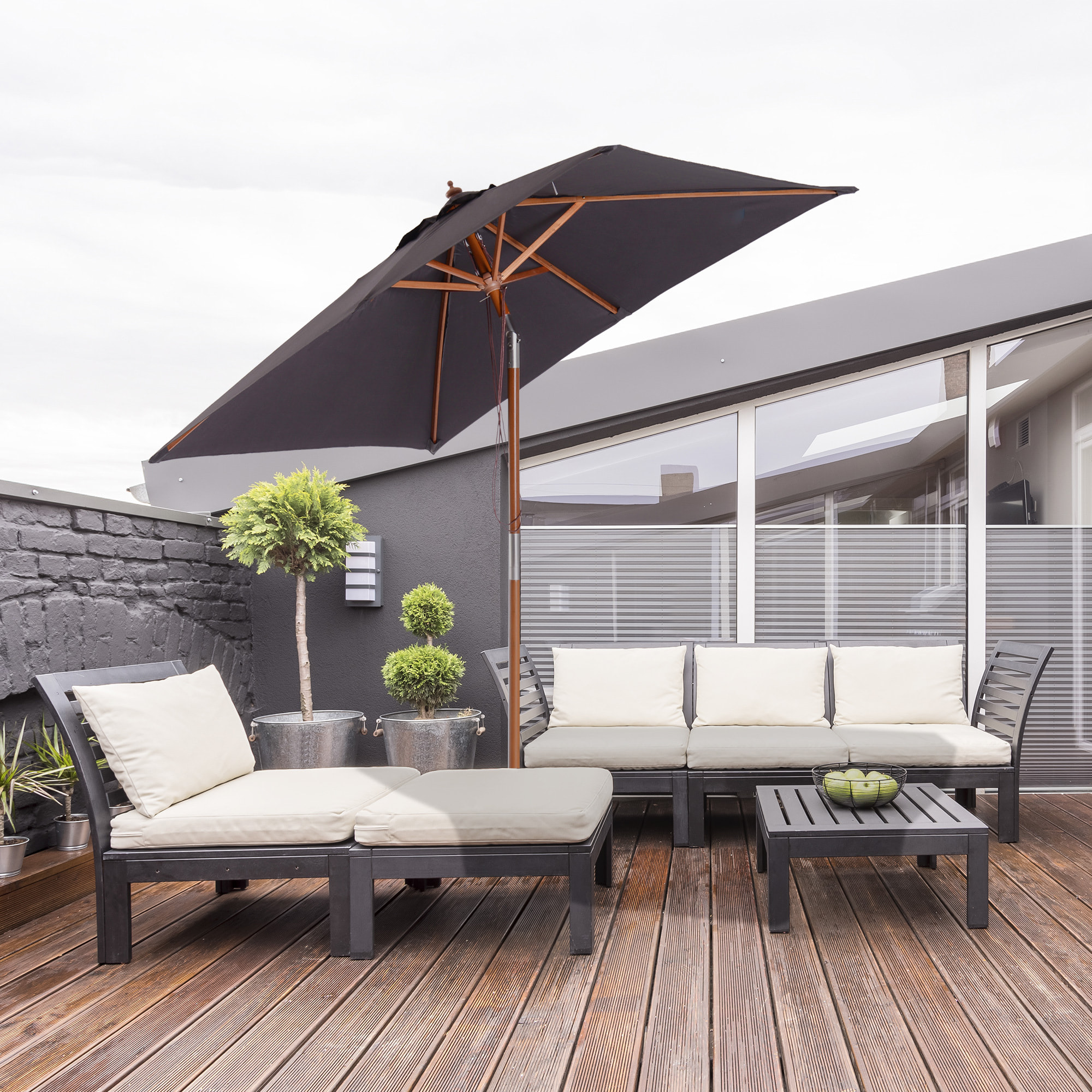 Sombrilla Terraza Exterior 200x150 cm Sombrilla de Jardín Rectangular con áÂngulo Ajustable Mástil de Madera y Manivela Parasol para Patio Terraza Gris Oscuro