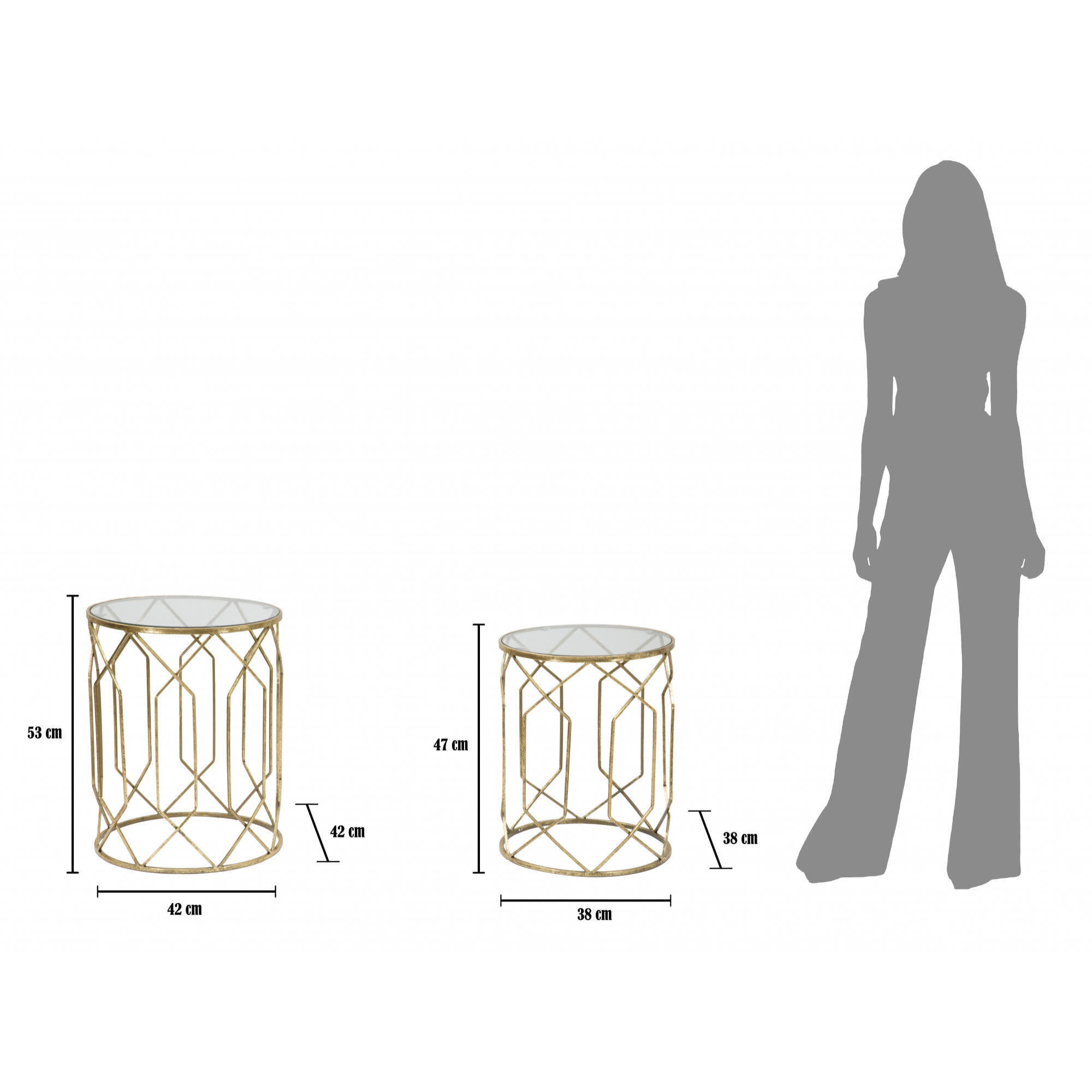 Coppia di Tavolini, Ferro e Vetro, Colore Oro, Misure: 42 x 42 x 53 cm