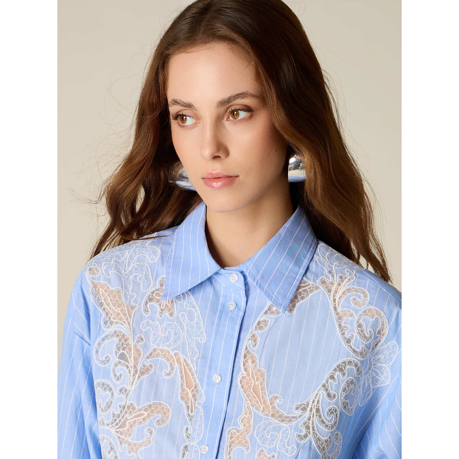 Oltre - Camisa con incrustaciones de encaje - Light - blue