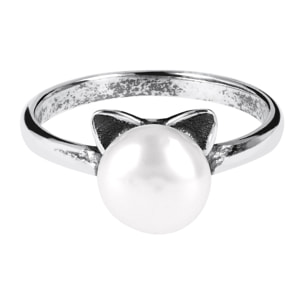 PERLAVIVA - Anello Solitario Gatto in Argento 925 placcato Rodio con Perla Bianca d'Acqua Dolce Ø8mm