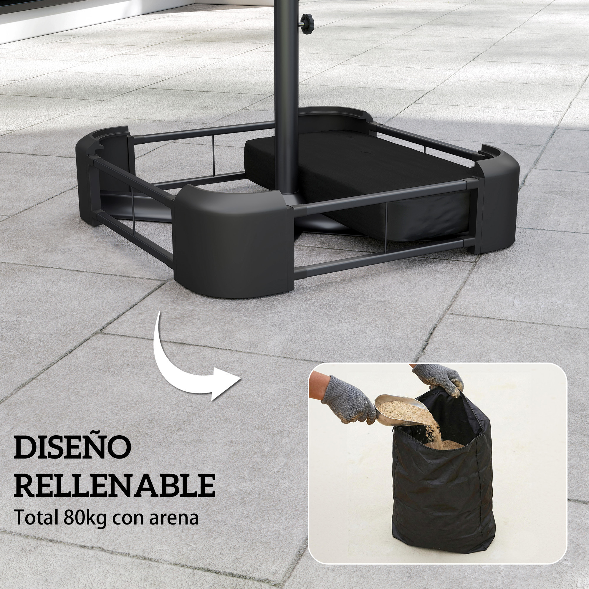 Base para Sombrilla Cuadrada con Funda, Soporte de Parasol con Bolsas de Arena, Pie para Sombrilla con Postes Ø48 mm, Rellenable de Arena 80 kg Arena Húmeda 90 kg, para Jardín, Terraza, Negro